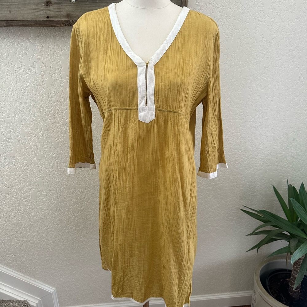 Athleta Breezy Mustard Yellow Tunic Dress Coverup with White Trim size M